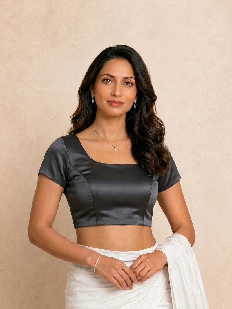 Zena Short Sleeve Phantom Black Satin Lycra StretchFit Saree Blouse, in Black Satin Lycra (view 8).