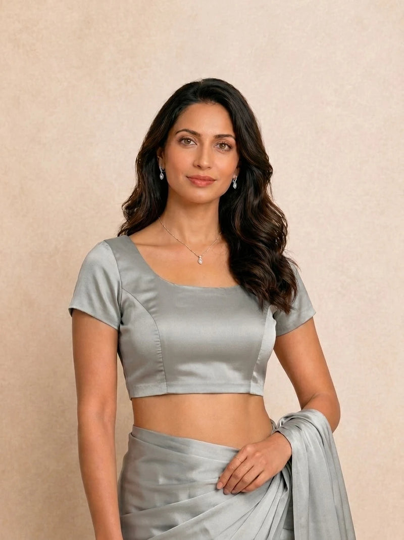 Zena Short Sleeve Silver Dust Satin Lycra StretchFit Saree Blouse, in Silver Satin Lycra (view 8).