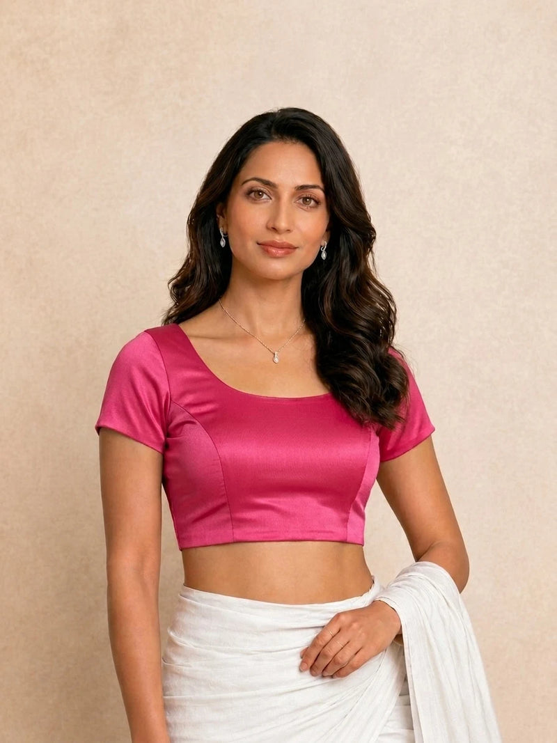 Zena Short Sleeve Cerise Pink Satin Lycra StretchFit Saree Blouse, in Pink Satin Lycra (view 9).