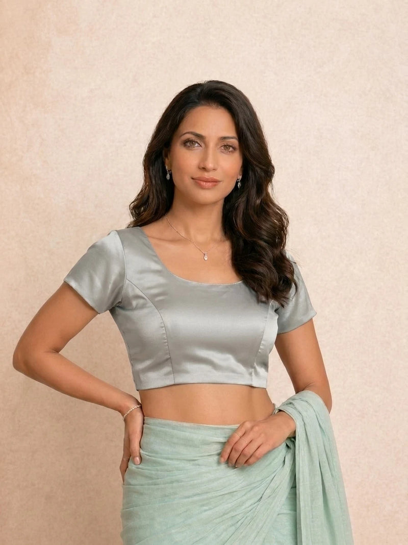 Zena Short Sleeve Silver Dust Satin Lycra StretchFit Saree Blouse, in Silver Satin Lycra (view 9).