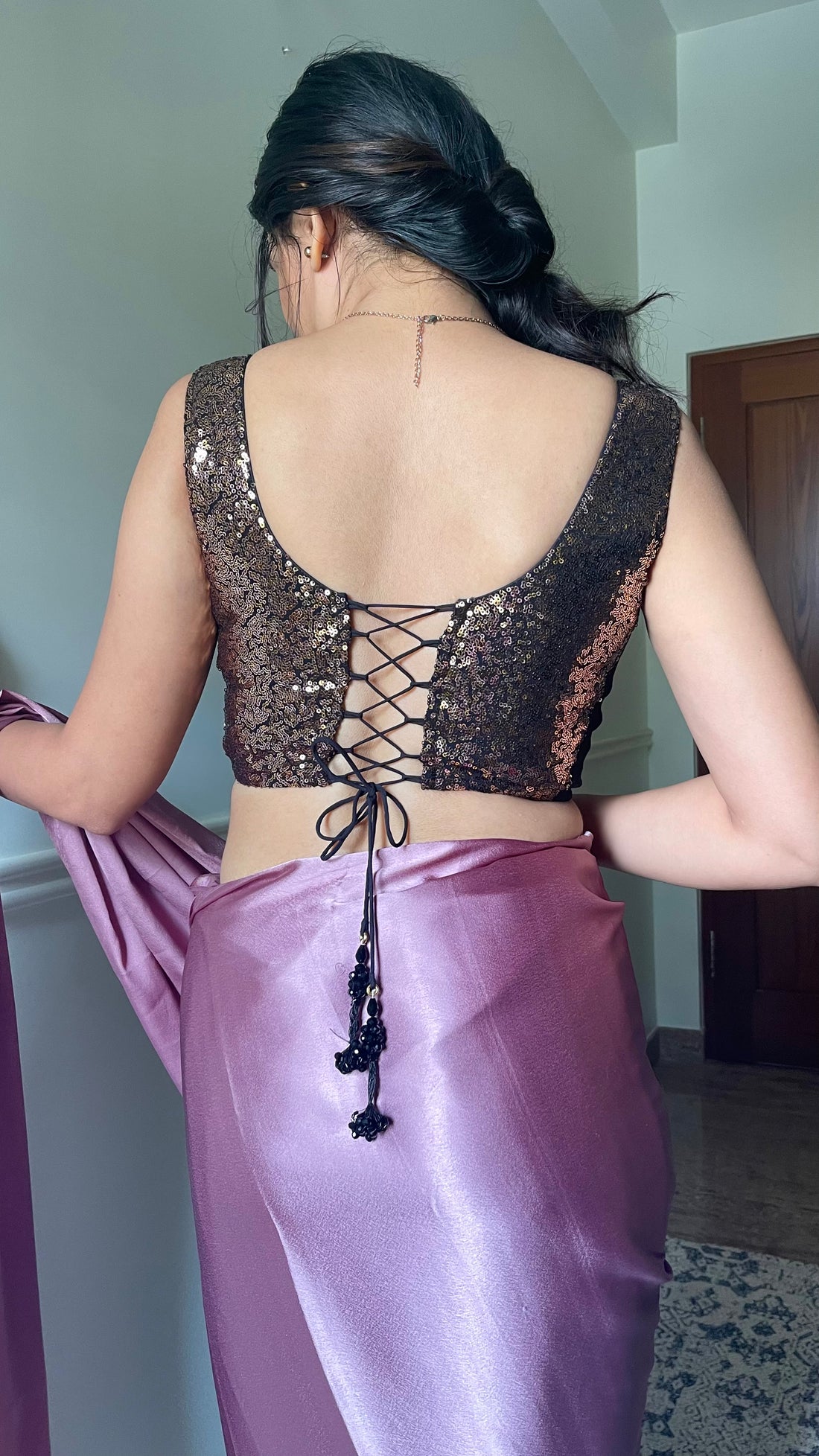 Zia x Tyohaar Saree Blouse, in Gold Sequin, featuring sleeveless, made for party & festive (view 3).
