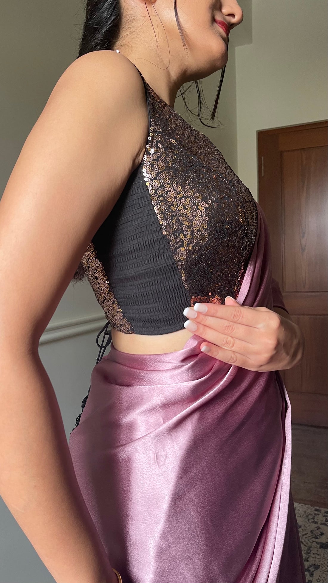 Zia x Tyohaar Saree Blouse, in Gold Sequin, featuring sleeveless, made for party & festive (view 6).