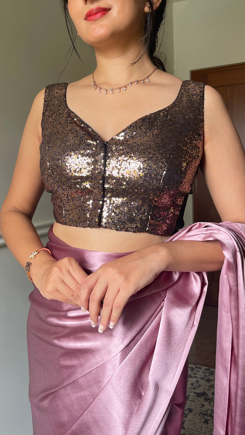 Zia x Tyohaar | Sleeveless Gold Sequined Shimmer Saree Blouse with Sweetheart Neck-Binks