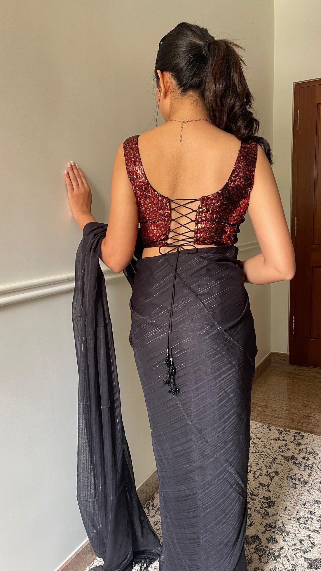 Zia x Tyohaar Saree Blouse, in Red Sequin, featuring sleeveless, made for party & festive (view 2).
