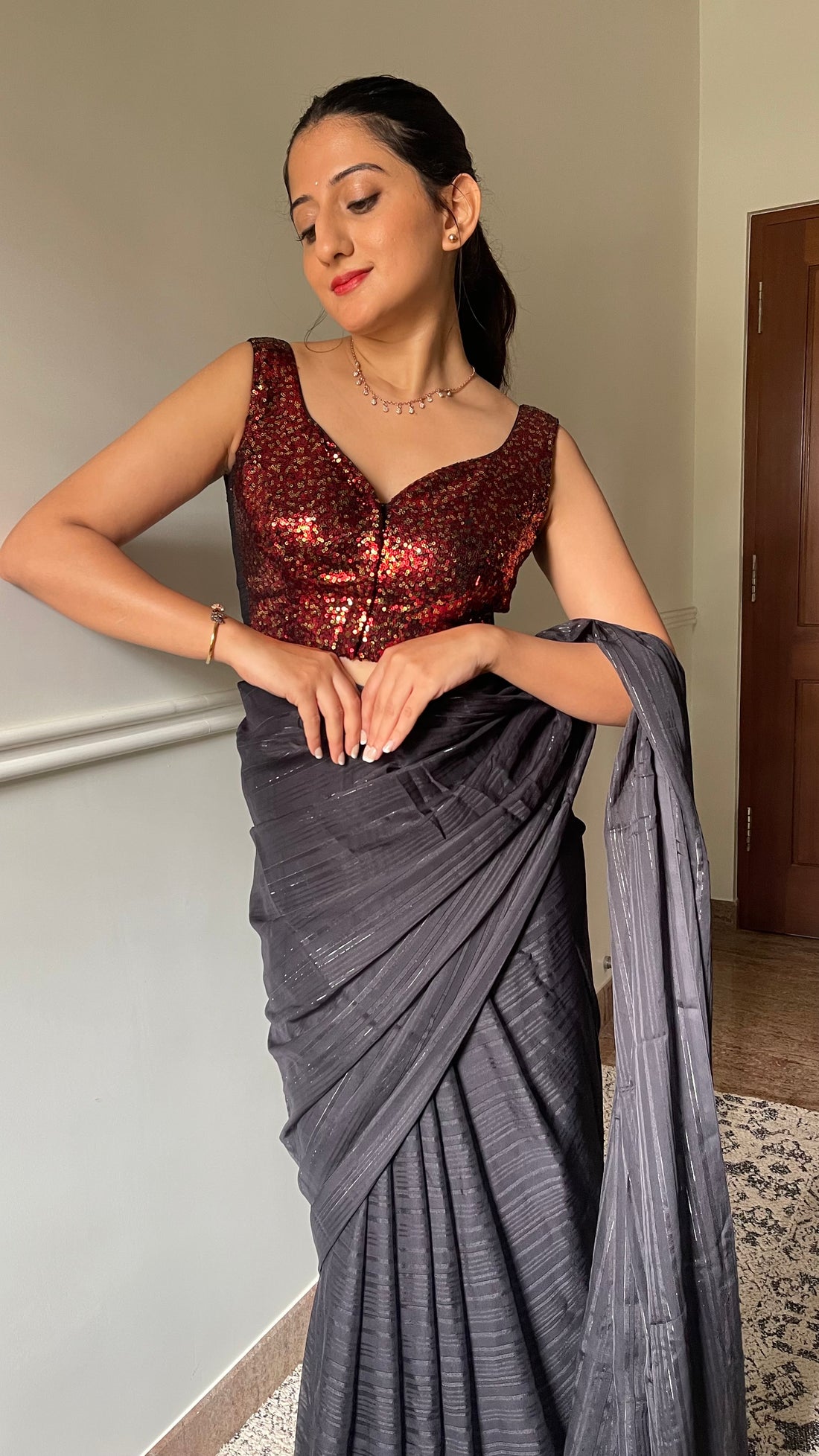 Zia x Tyohaar Saree Blouse, in Red Sequin, featuring sleeveless, made for party & festive (view 5).