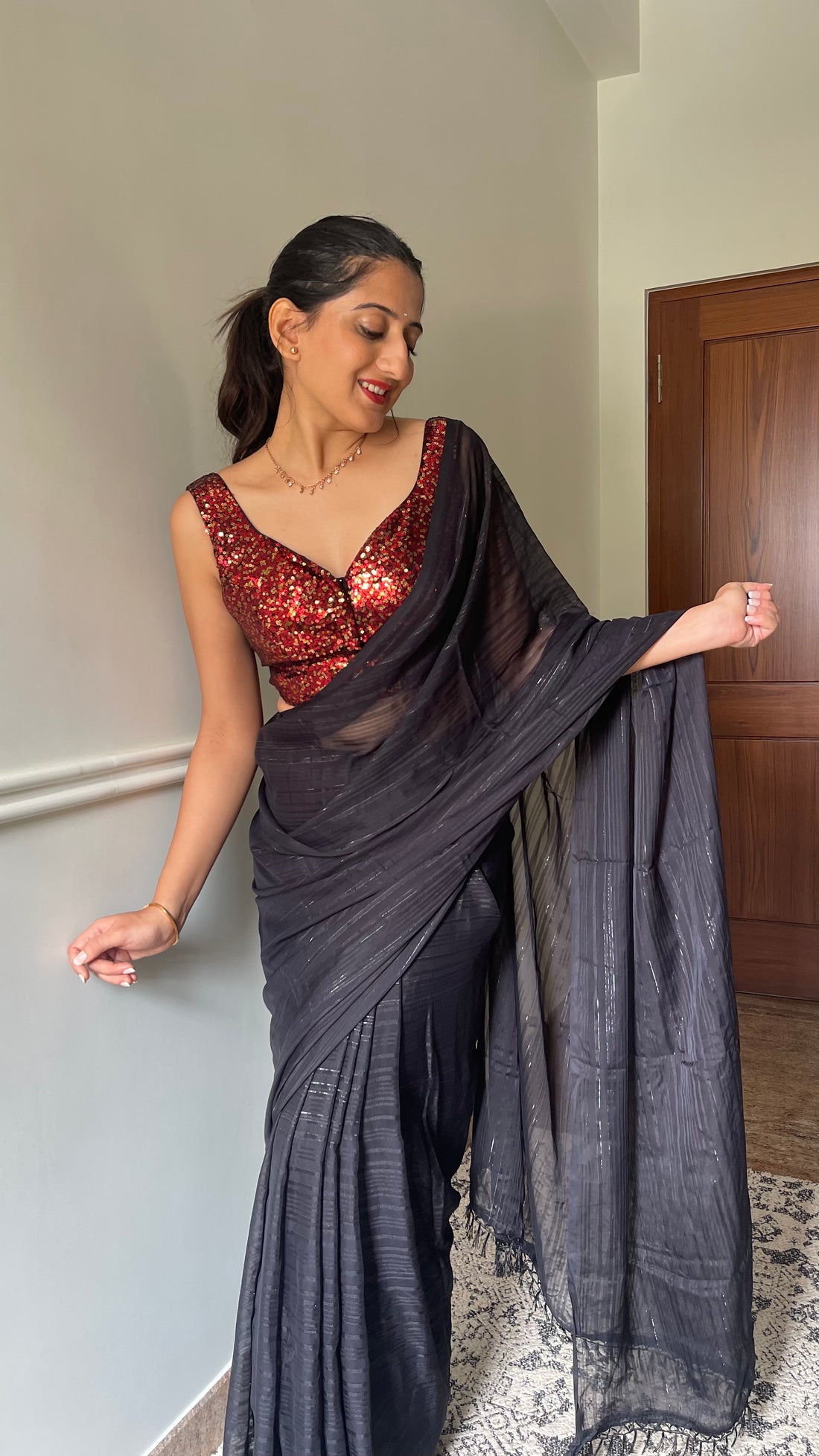 Zia x Tyohaar Saree Blouse, in Red Sequin, featuring sleeveless, made for party & festive (view 6).