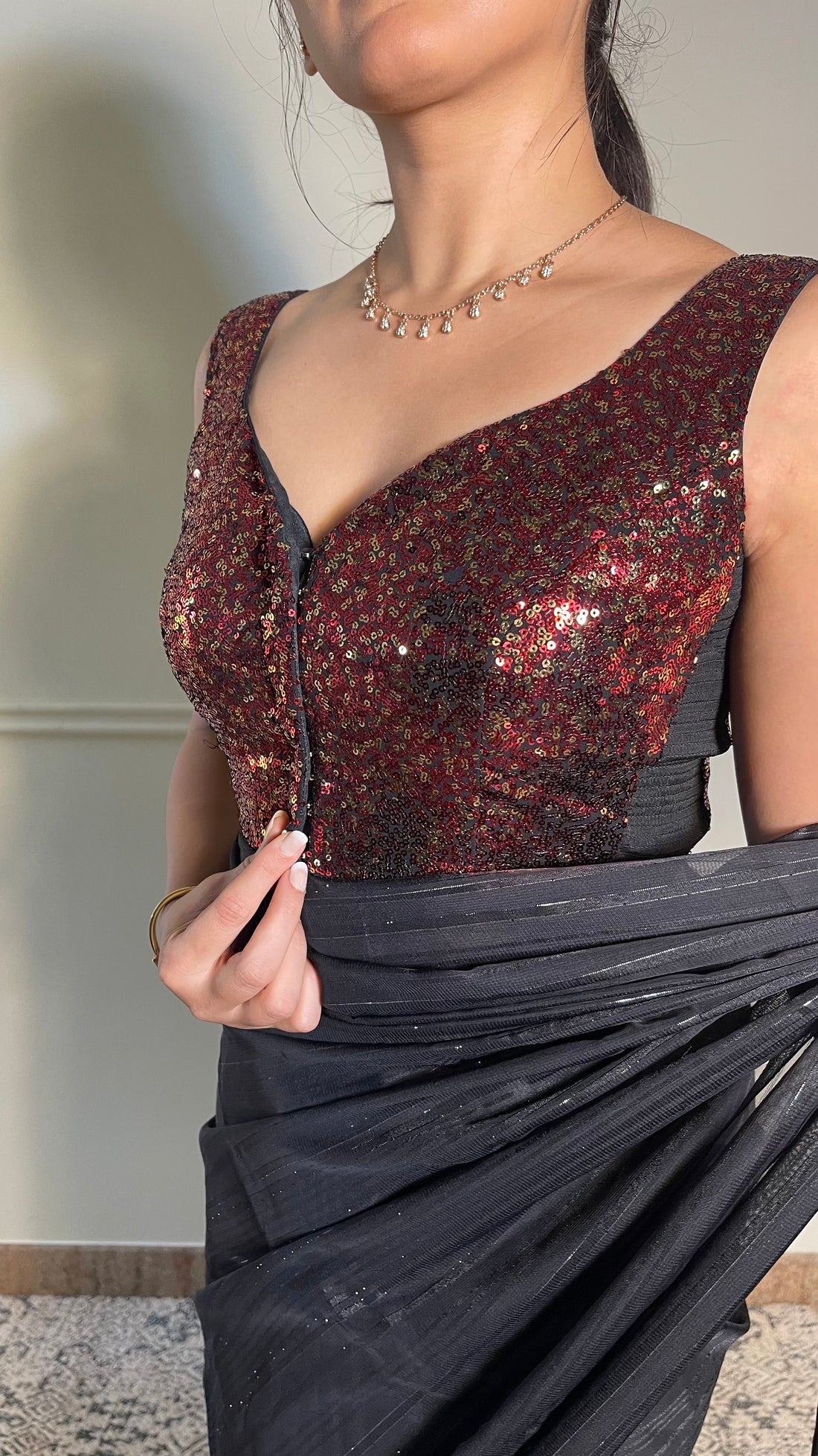Zia x Tyohaar Saree Blouse, in Red Sequin, featuring sleeveless, made for party & festive (view 8).