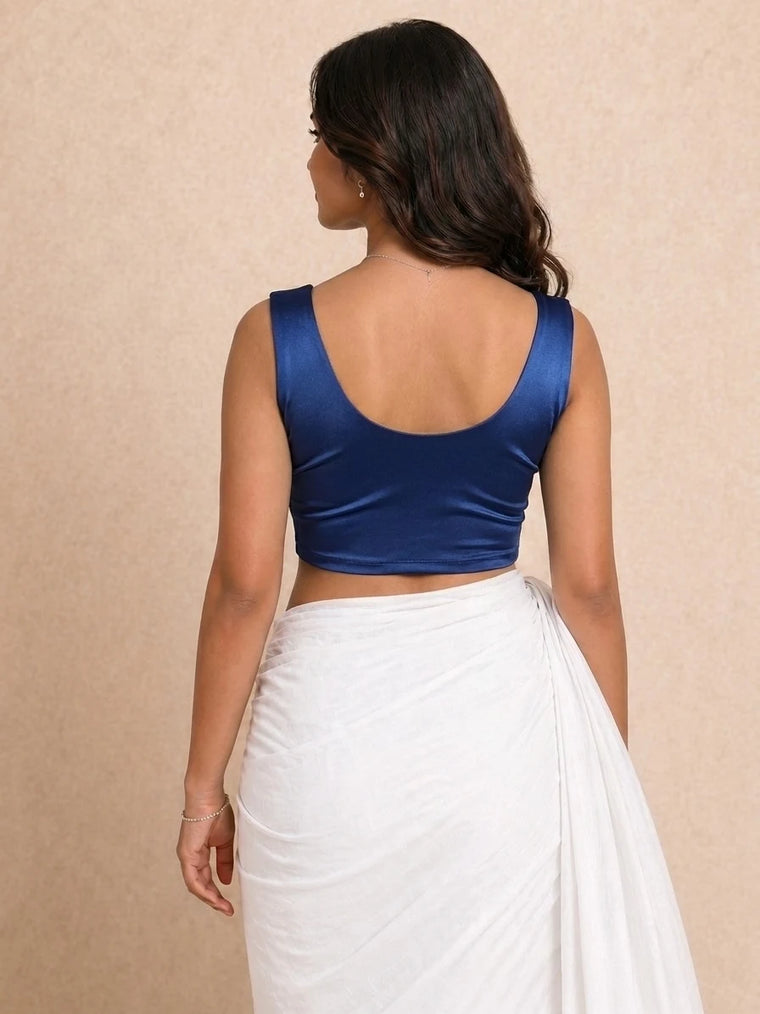Ziva Sleeveless Deep Cobalt Satin Lycra StretchFit Saree Blouse, in Blue Satin Lycra (view 2).