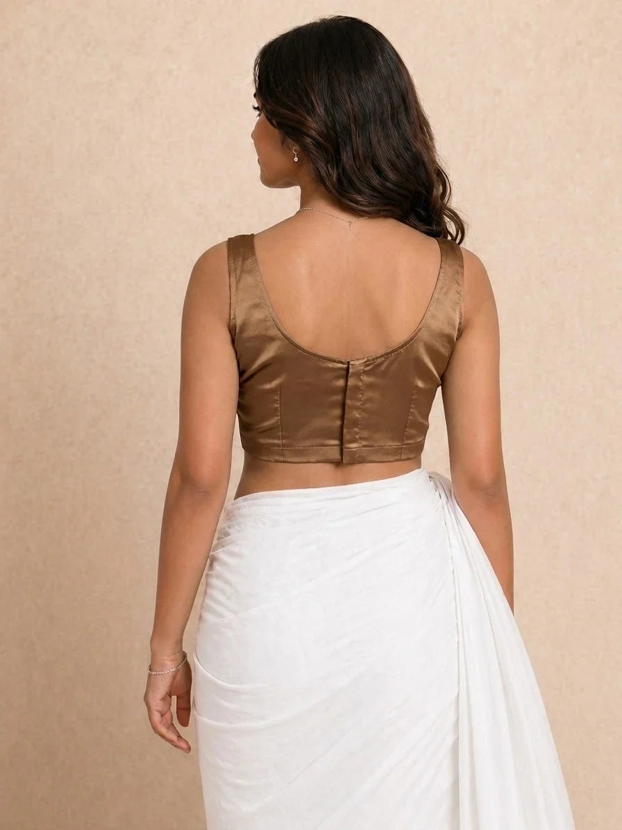 Mishka Duet Reversible Blouse, Caramel Brown Satin Lycra side (view 2).