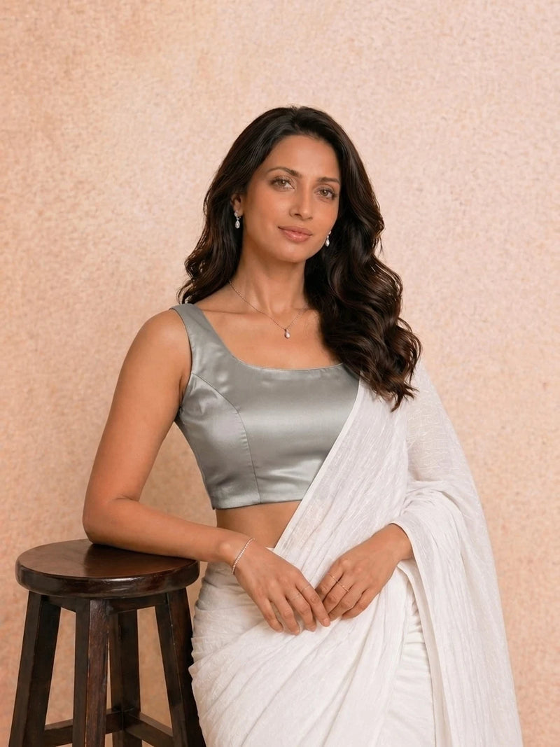 Ziva Sleeveless Silver Dust Satin Lycra StretchFit Saree Blouse, in Silver Satin Lycra (view 4).