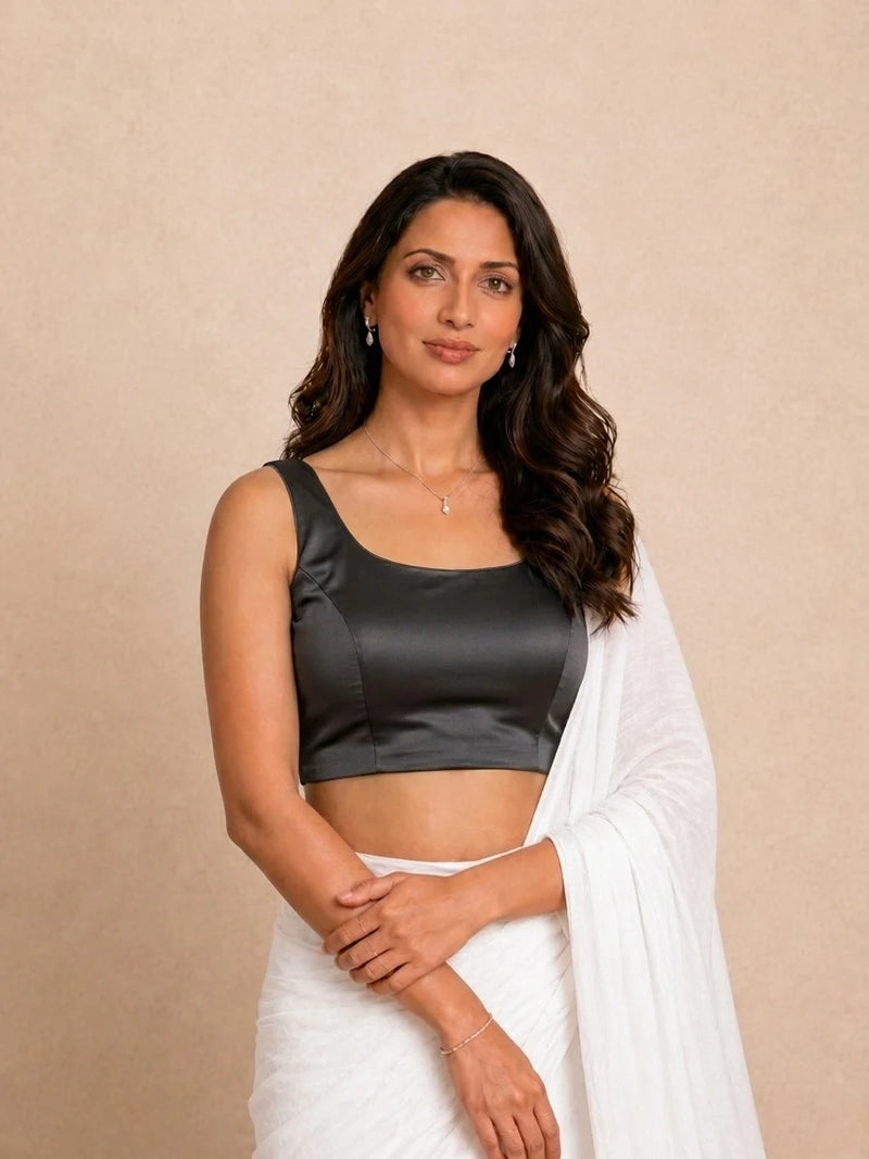 Ziva Sleeveless Phantom Black Satin Lycra StretchFit Saree Blouse, in Black Satin Lycra (view 4).