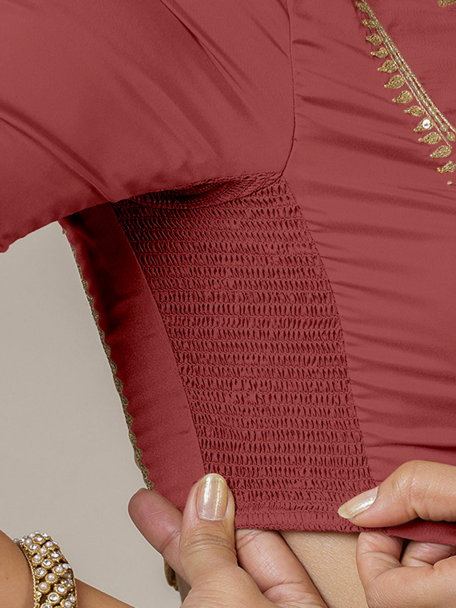Zohra x Luxe Saree Blouse, in Red Vegan Silk, featuring elbow sleeves and v-neckline, made for party & festive (view 3).