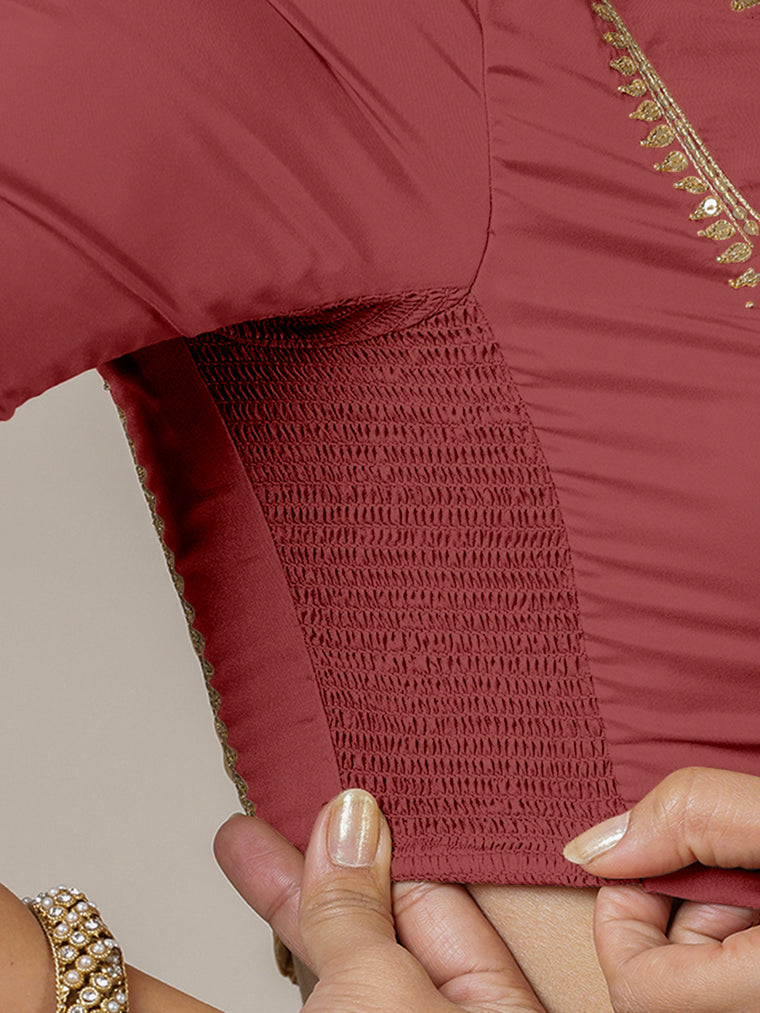 Zohra x Luxe Saree Blouse, in Red Vegan Silk, featuring elbow sleeves and v-neckline, made for party & festive (view 3).