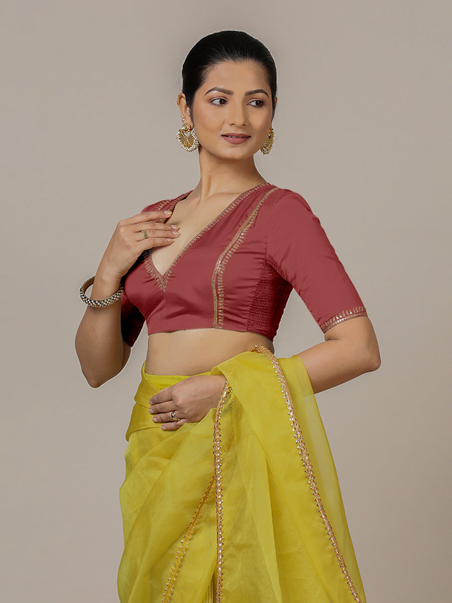 Zohra x Luxe Saree Blouse, in Red Vegan Silk, featuring elbow sleeves and v-neckline, made for party & festive (view 8).