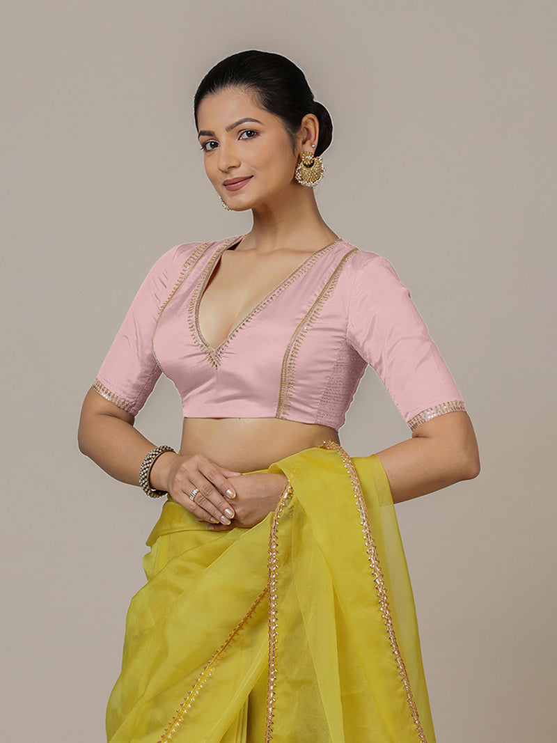 Zohra x Luxe | Elbow Sleeves Baby Pink FlexiFit™ Hand Embroidered Saree Blouse with V-Neck-Binks