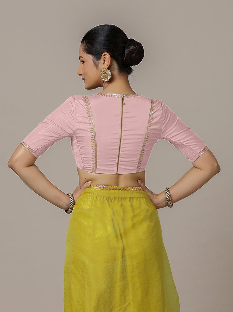 Zohra x Luxe | Elbow Sleeves Baby Pink FlexiFit™ Hand Embroidered Saree Blouse with V-Neck-Binks