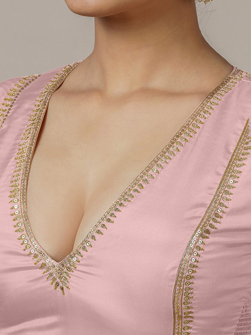 Zohra x Luxe | Elbow Sleeves Baby Pink FlexiFit™ Hand Embroidered Saree Blouse with V-Neck-Binks