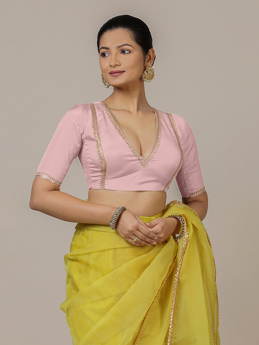 Zohra x Luxe Saree Blouse, in Pink Vegan Silk, featuring elbow sleeves and v-neckline, made for party & festive (view 6).