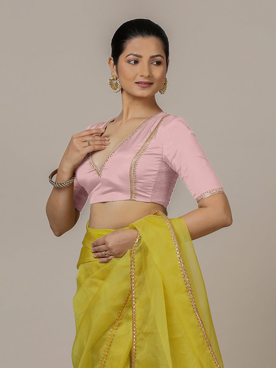 Zohra x Luxe Saree Blouse, in Pink Vegan Silk, featuring elbow sleeves and v-neckline, made for party & festive (view 8).