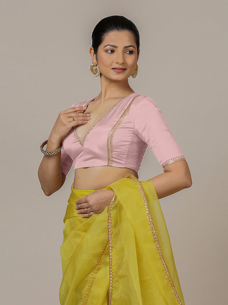 Zohra x Luxe | Elbow Sleeves Baby Pink FlexiFit™ Hand Embroidered Saree Blouse with V-Neck-Binks