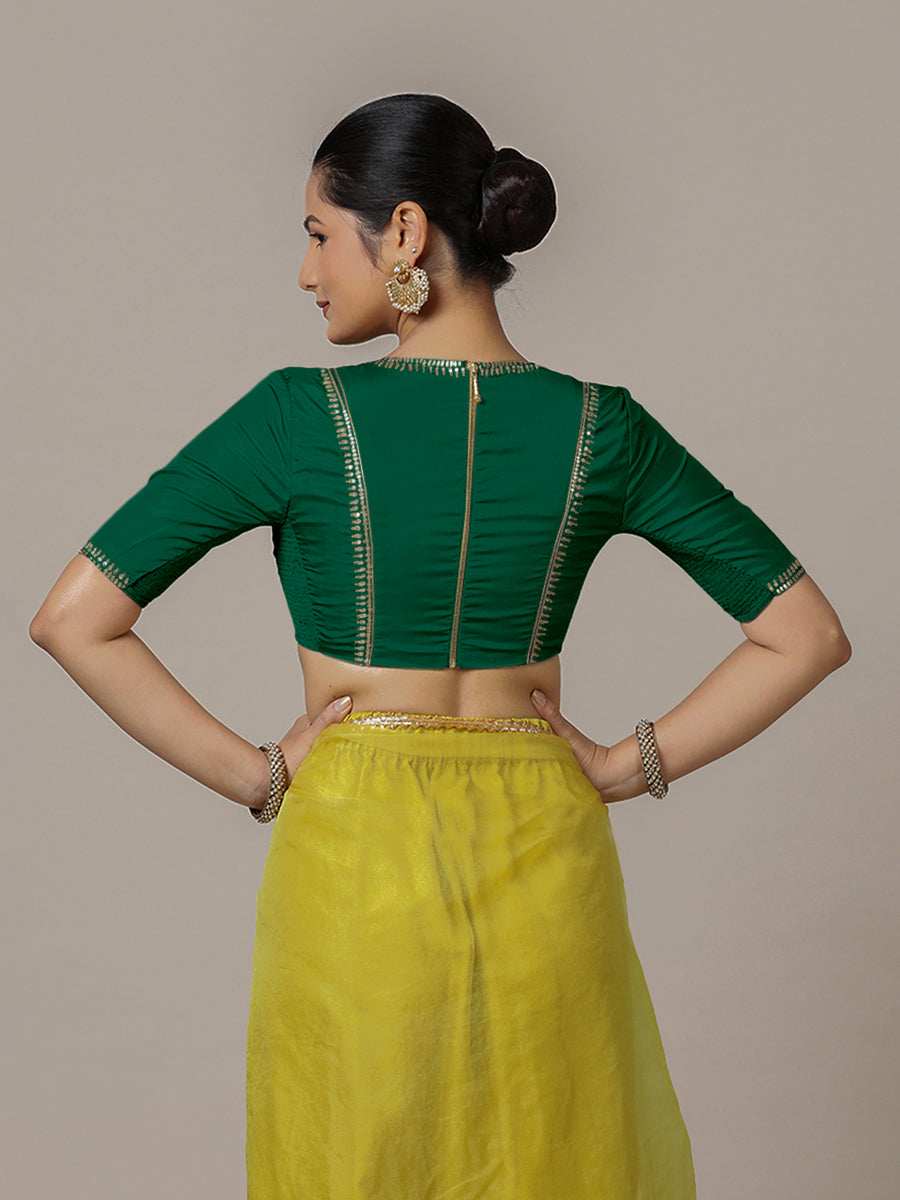 Zohra x Luxe Saree Blouse, in Green Vegan Silk, featuring elbow sleeves and v-neckline, made for party & festive (view 2).