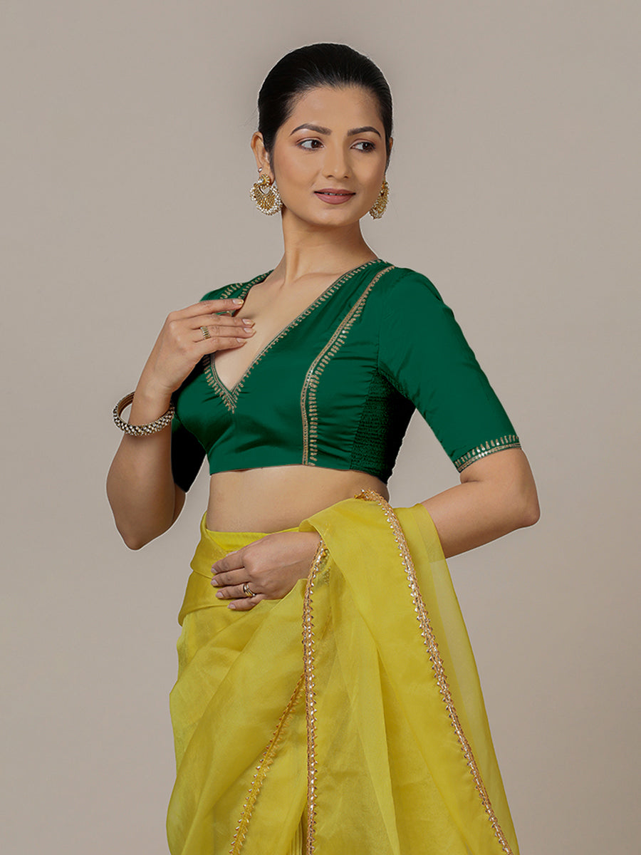 Zohra x Luxe Saree Blouse, in Green Vegan Silk, featuring elbow sleeves and v-neckline, made for party & festive (view 7).