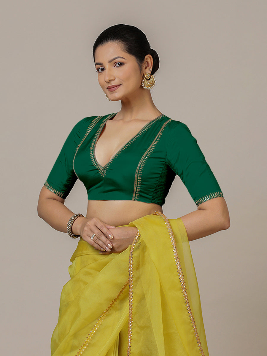 Zohra x Luxe Saree Blouse, in Green Vegan Silk, featuring elbow sleeves and v-neckline, made for party & festive (view 8).