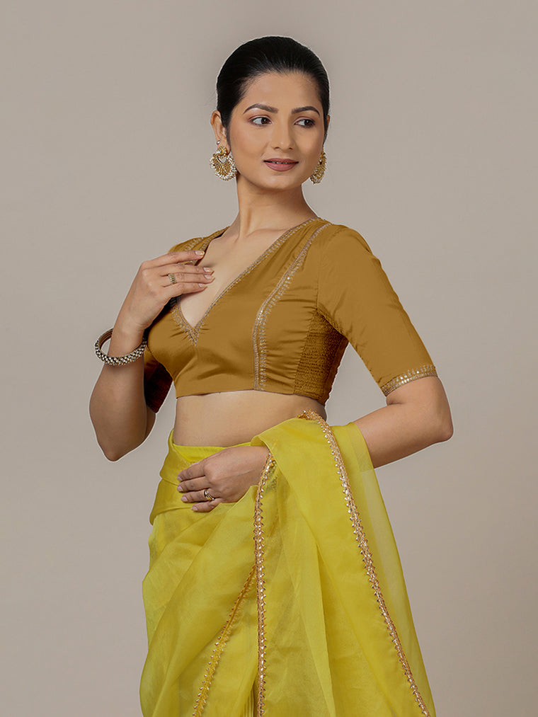 Zohra x Luxe Saree Blouse, in Gold Vegan Silk, featuring elbow sleeves and v-neckline, made for party & festive.