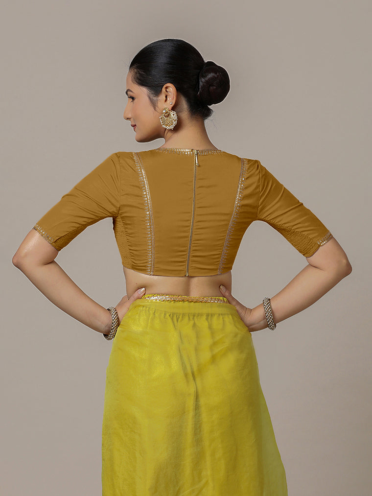 Zohra x Luxe Saree Blouse, in Gold Vegan Silk, featuring elbow sleeves and v-neckline, made for party & festive (view 2).