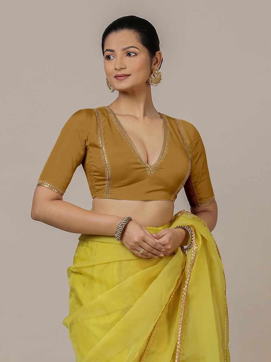 Zohra x Luxe Saree Blouse, in Gold Vegan Silk, featuring elbow sleeves and v-neckline, made for party & festive (view 6).