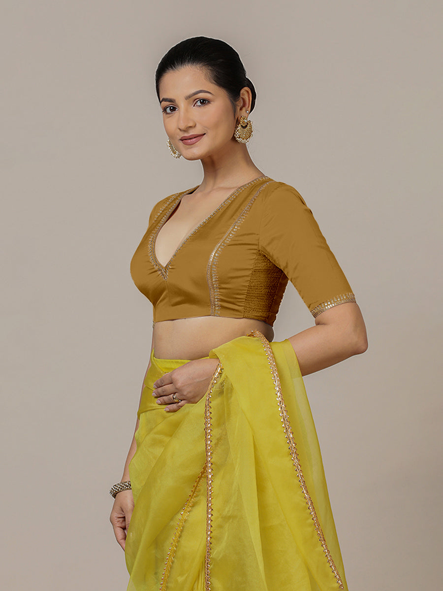 Zohra x Luxe Saree Blouse, in Gold Vegan Silk, featuring elbow sleeves and v-neckline, made for party & festive (view 7).