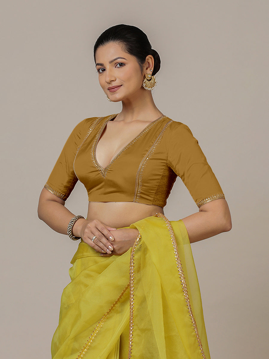 Zohra x Luxe Saree Blouse, in Gold Vegan Silk, featuring elbow sleeves and v-neckline, made for party & festive (view 8).