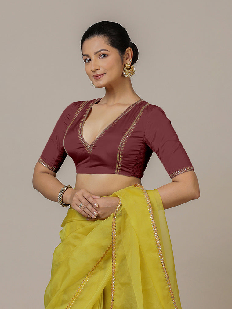 Zohra x Luxe Saree Blouse, in Maroon Vegan Silk, featuring elbow sleeves and v-neckline, made for party & festive.