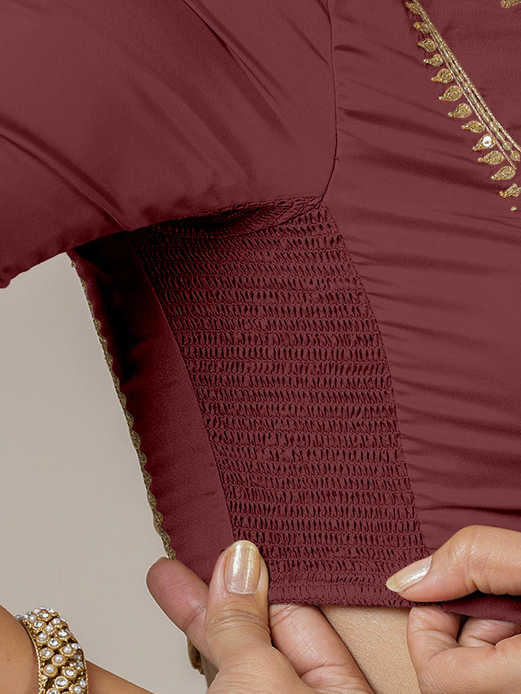 Zohra x Luxe Saree Blouse, in Maroon Vegan Silk, featuring elbow sleeves and v-neckline, made for party & festive (view 3).