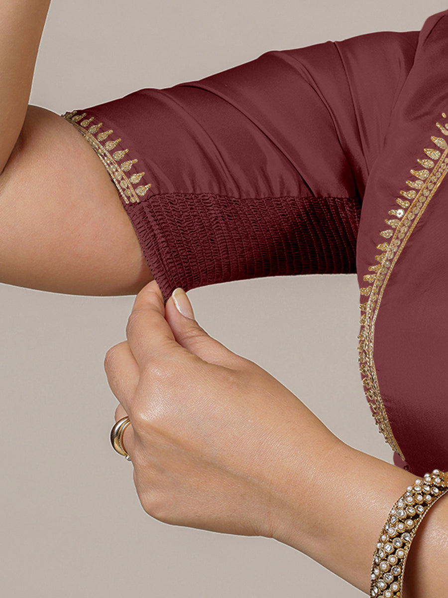 Zohra x Luxe Saree Blouse, in Maroon Vegan Silk, featuring elbow sleeves and v-neckline, made for party & festive (view 4).