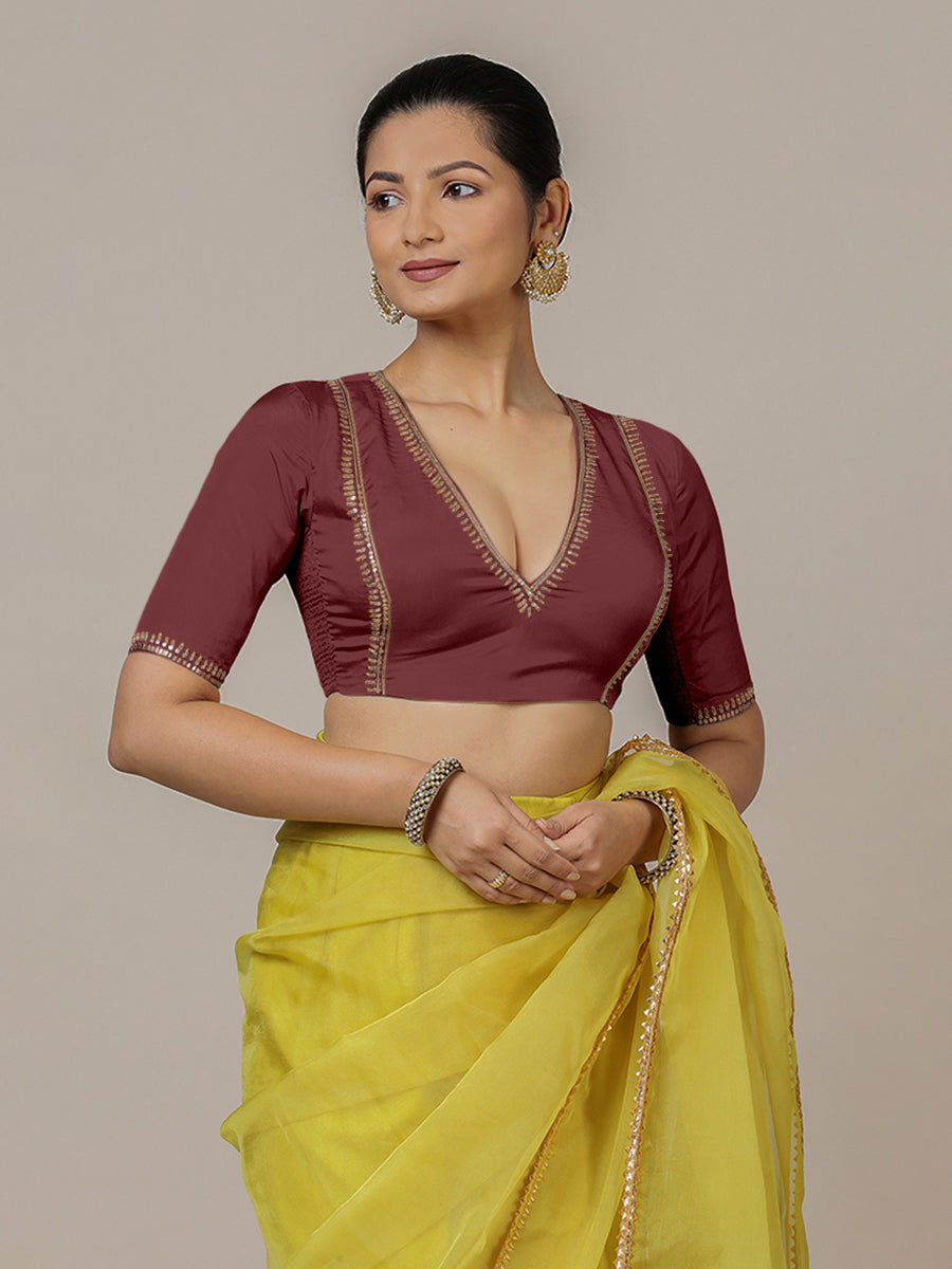 Zohra x Luxe Saree Blouse, in Maroon Vegan Silk, featuring elbow sleeves and v-neckline, made for party & festive (view 6).