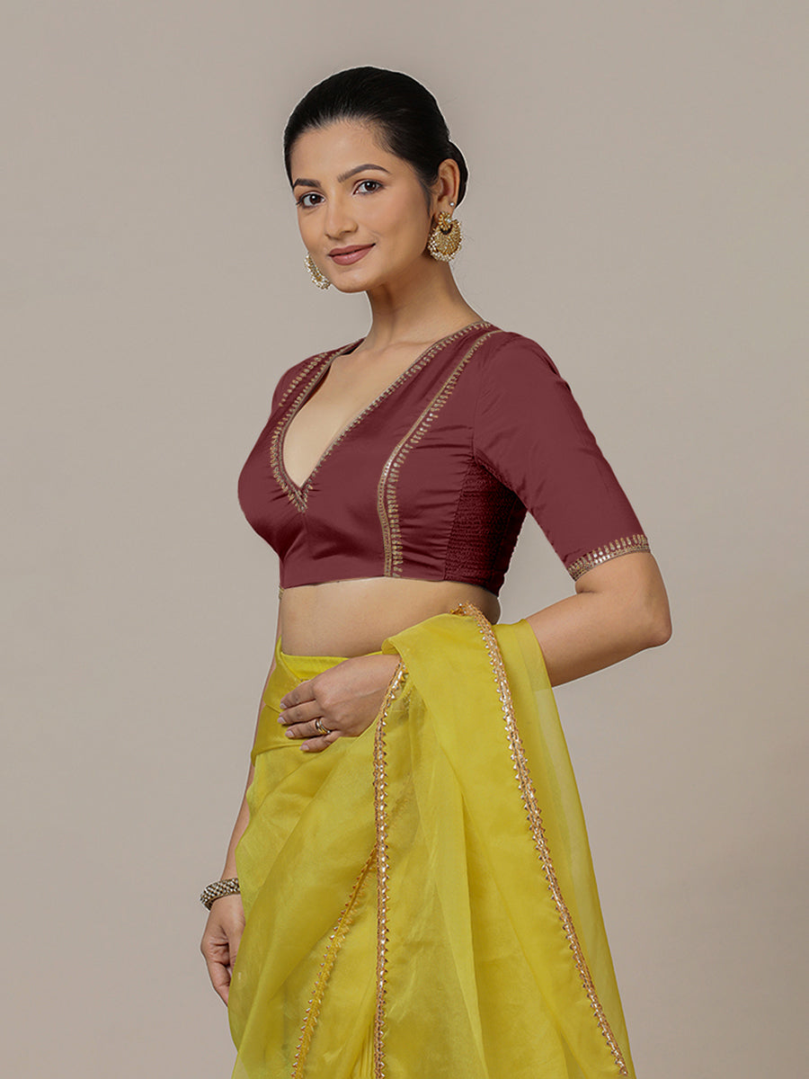 Zohra x Luxe Saree Blouse, in Maroon Vegan Silk, featuring elbow sleeves and v-neckline, made for party & festive (view 7).