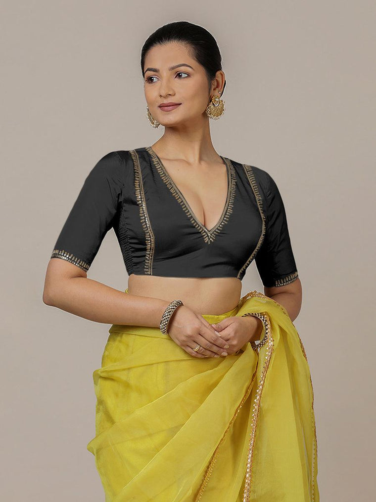 Zohra x Luxe Saree Blouse, in Black Vegan Silk, featuring elbow sleeves and v-neckline, made for party & festive.