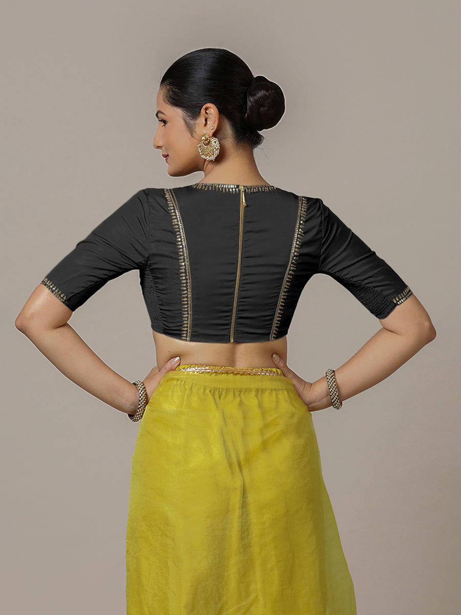 Zohra x Luxe Saree Blouse, in Black Vegan Silk, featuring elbow sleeves and v-neckline, made for party & festive (view 2).
