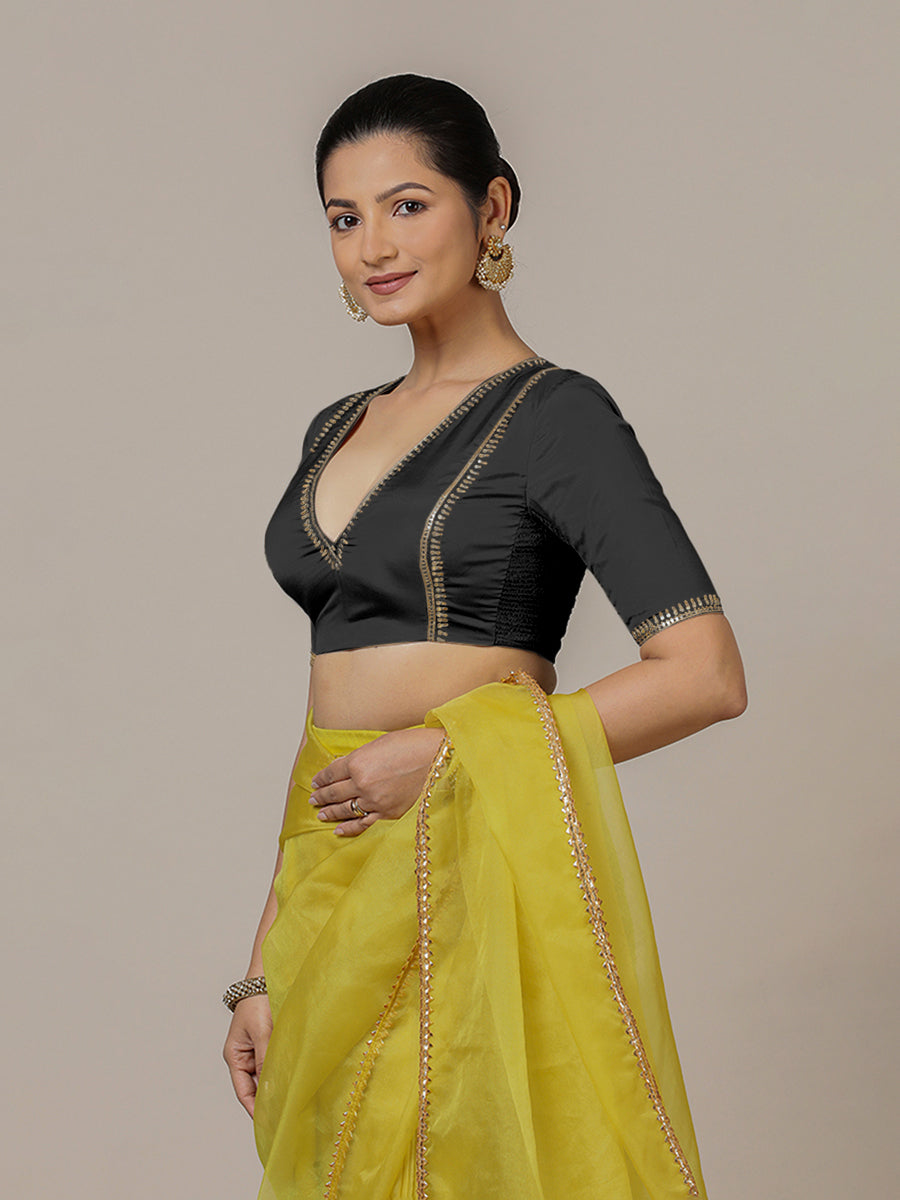 Zohra x Luxe Saree Blouse, in Black Vegan Silk, featuring elbow sleeves and v-neckline, made for party & festive (view 6).