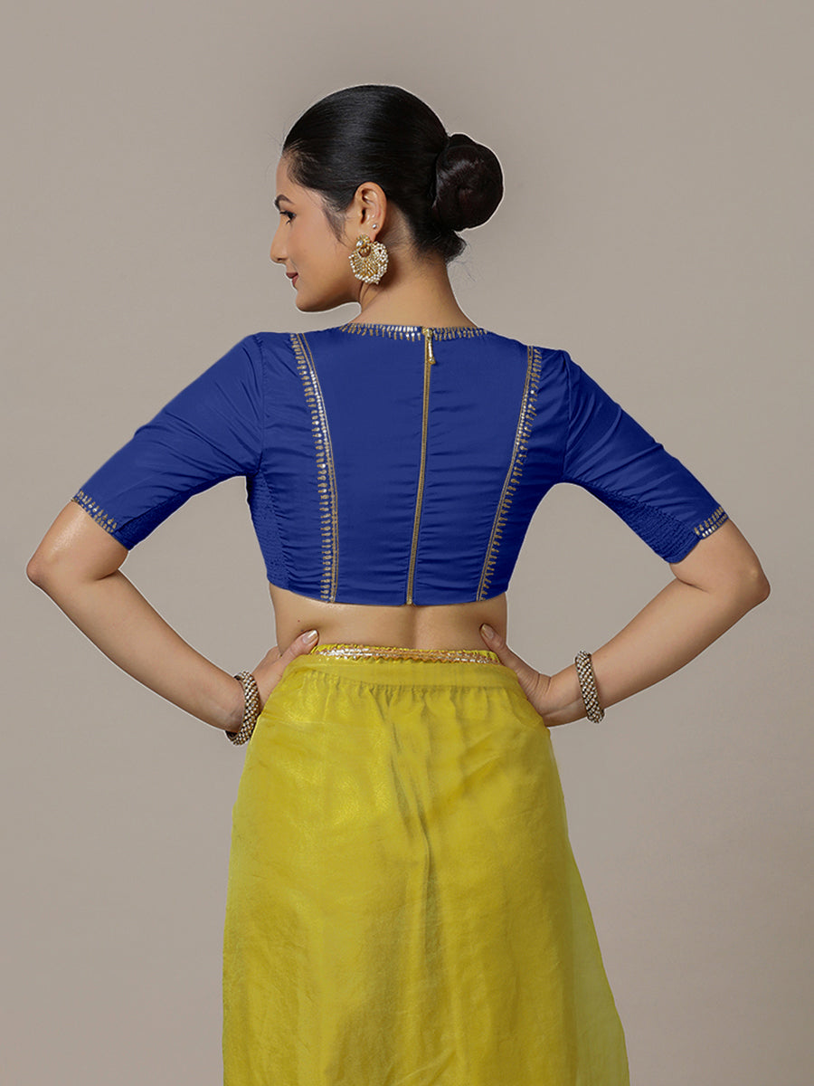 Zohra x Luxe Saree Blouse, in Blue Vegan Silk, featuring elbow sleeves and v-neckline, made for party & festive (view 2).