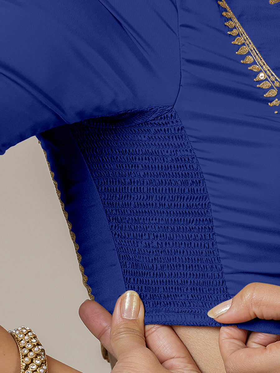 Zohra x Luxe Saree Blouse, in Blue Vegan Silk, featuring elbow sleeves and v-neckline, made for party & festive (view 3).
