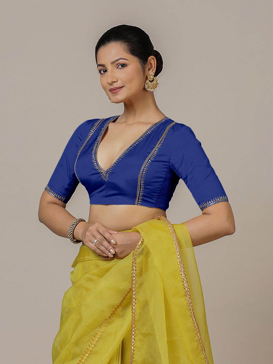 Zohra x Luxe Saree Blouse, in Blue Vegan Silk, featuring elbow sleeves and v-neckline, made for party & festive (view 8).