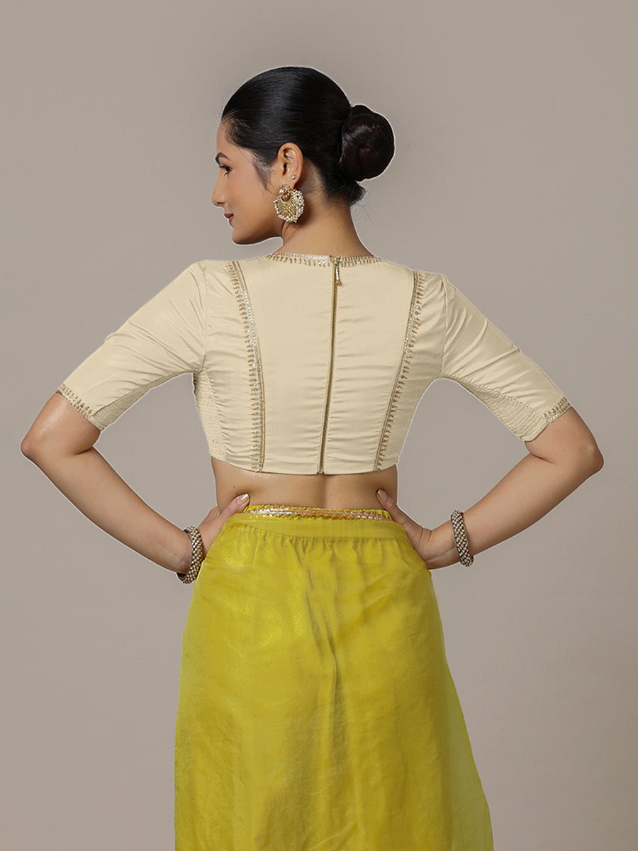 Zohra x Luxe Saree Blouse, in Cream Vegan Silk, featuring elbow sleeves and v-neckline, made for party & festive (view 2).