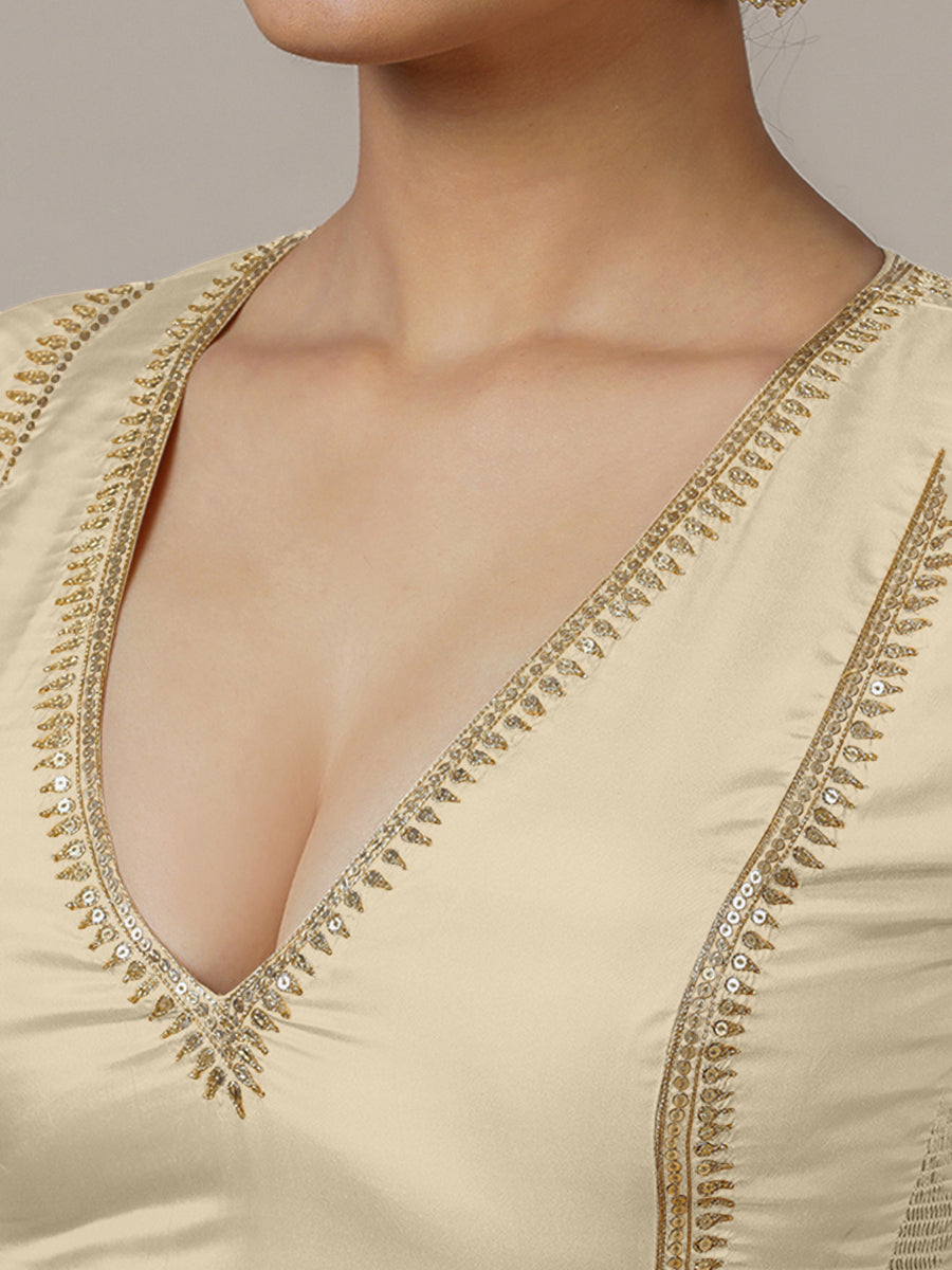 Zohra x Luxe Saree Blouse, in Cream Vegan Silk, featuring elbow sleeves and v-neckline, made for party & festive (view 5).