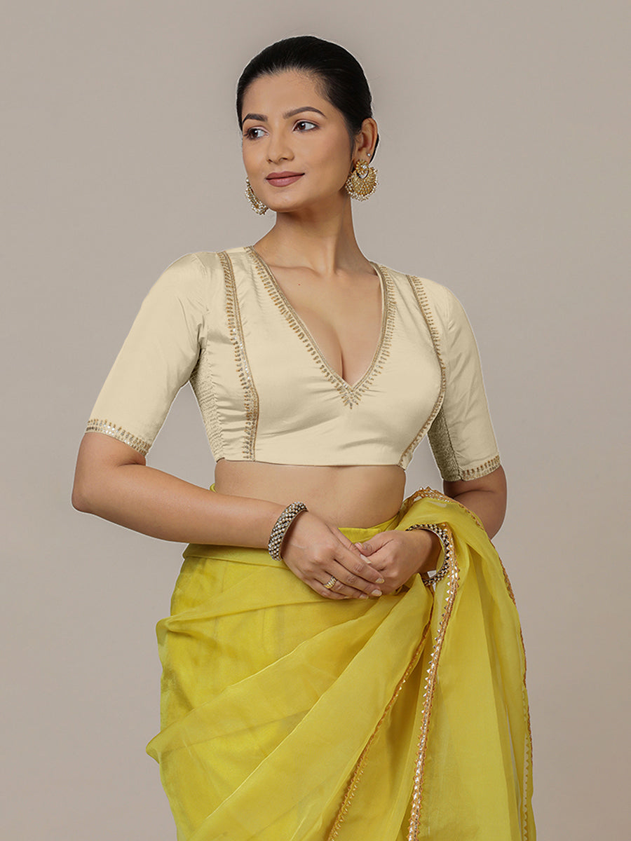 Zohra x Luxe Saree Blouse, in Cream Vegan Silk, featuring elbow sleeves and v-neckline, made for party & festive (view 6).
