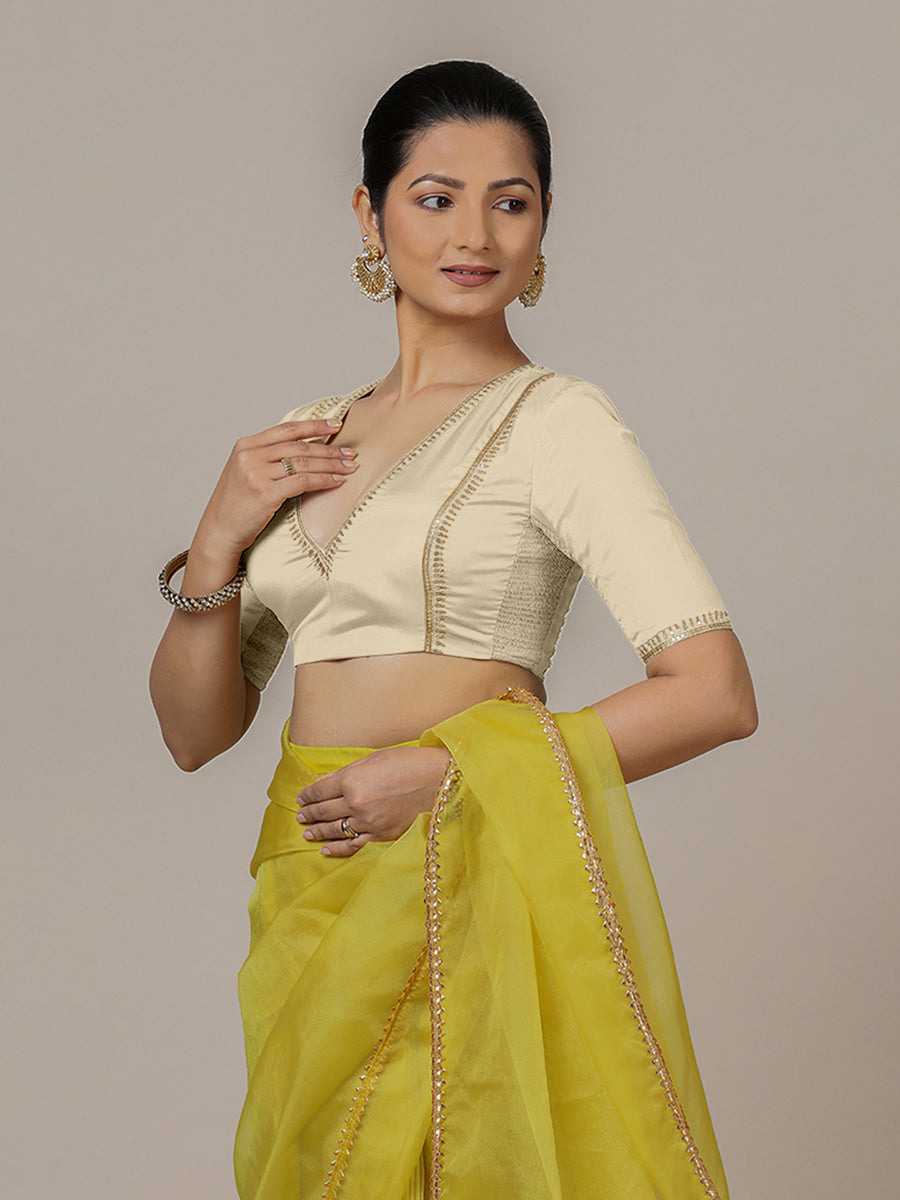 Zohra x Luxe Saree Blouse, in Cream Vegan Silk, featuring elbow sleeves and v-neckline, made for party & festive (view 8).