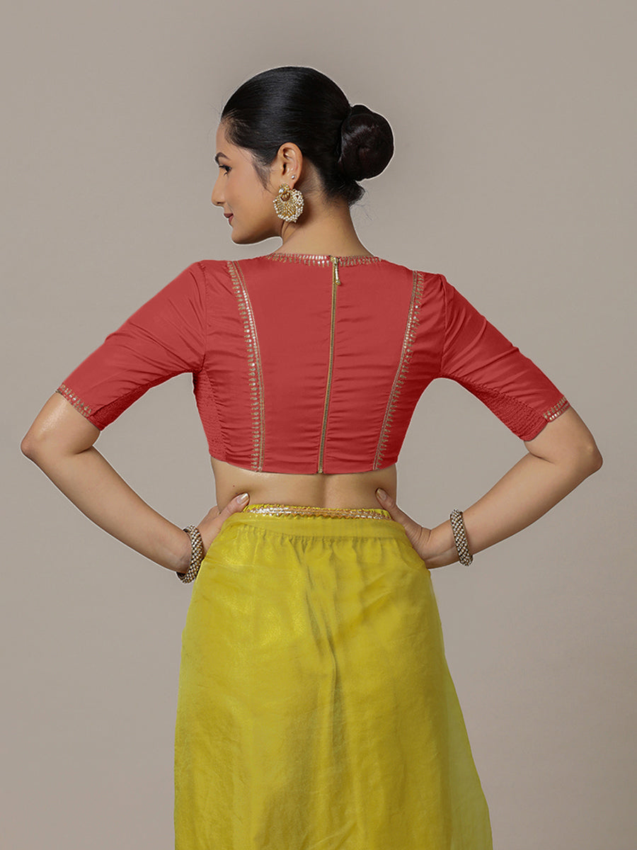 Zohra x Luxe Saree Blouse, in Red Vegan Silk, featuring elbow sleeves and v-neckline, made for party & festive (view 2).