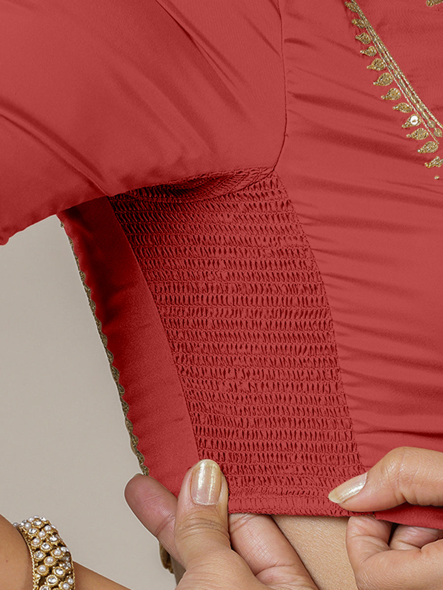 Zohra x Luxe Saree Blouse, in Red Vegan Silk, featuring elbow sleeves and v-neckline, made for party & festive (view 3).