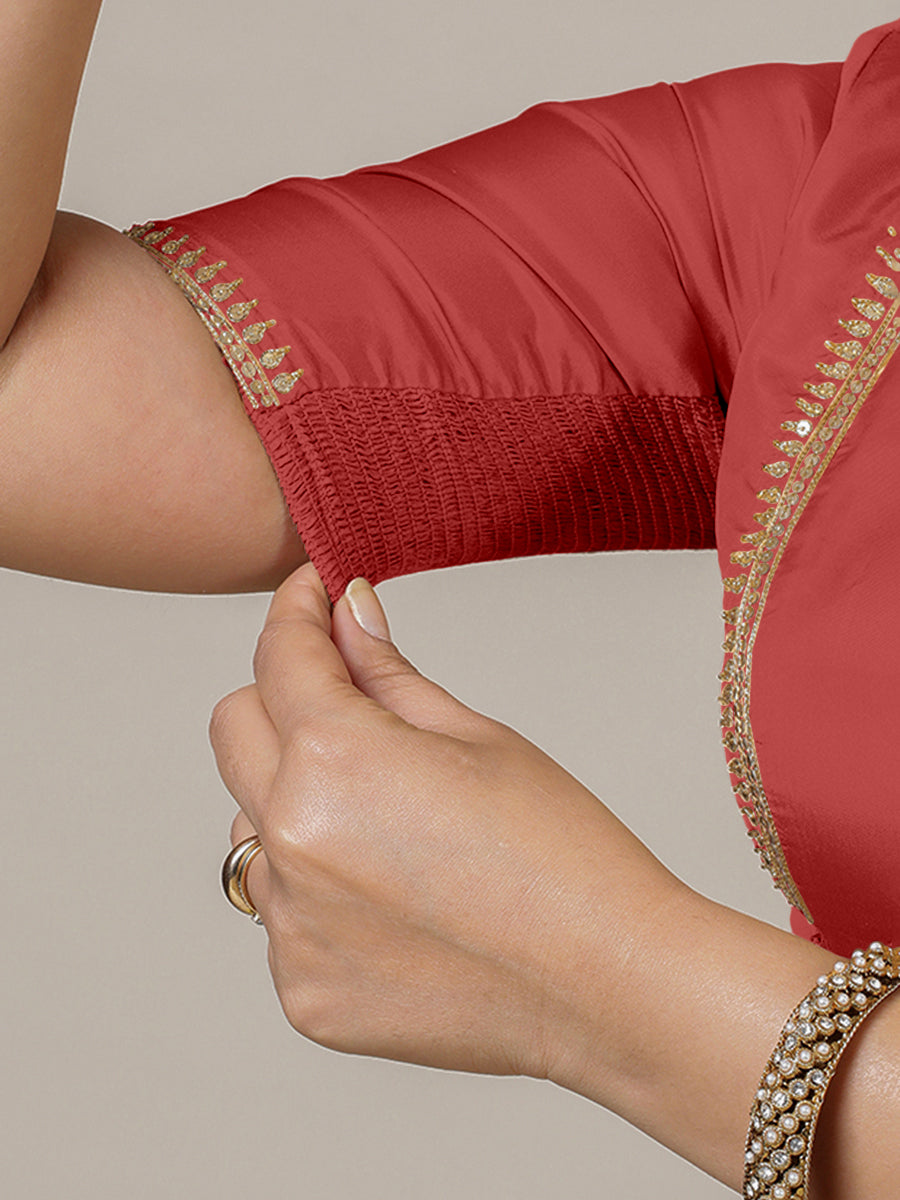 Zohra x Luxe Saree Blouse, in Red Vegan Silk, featuring elbow sleeves and v-neckline, made for party & festive (view 4).